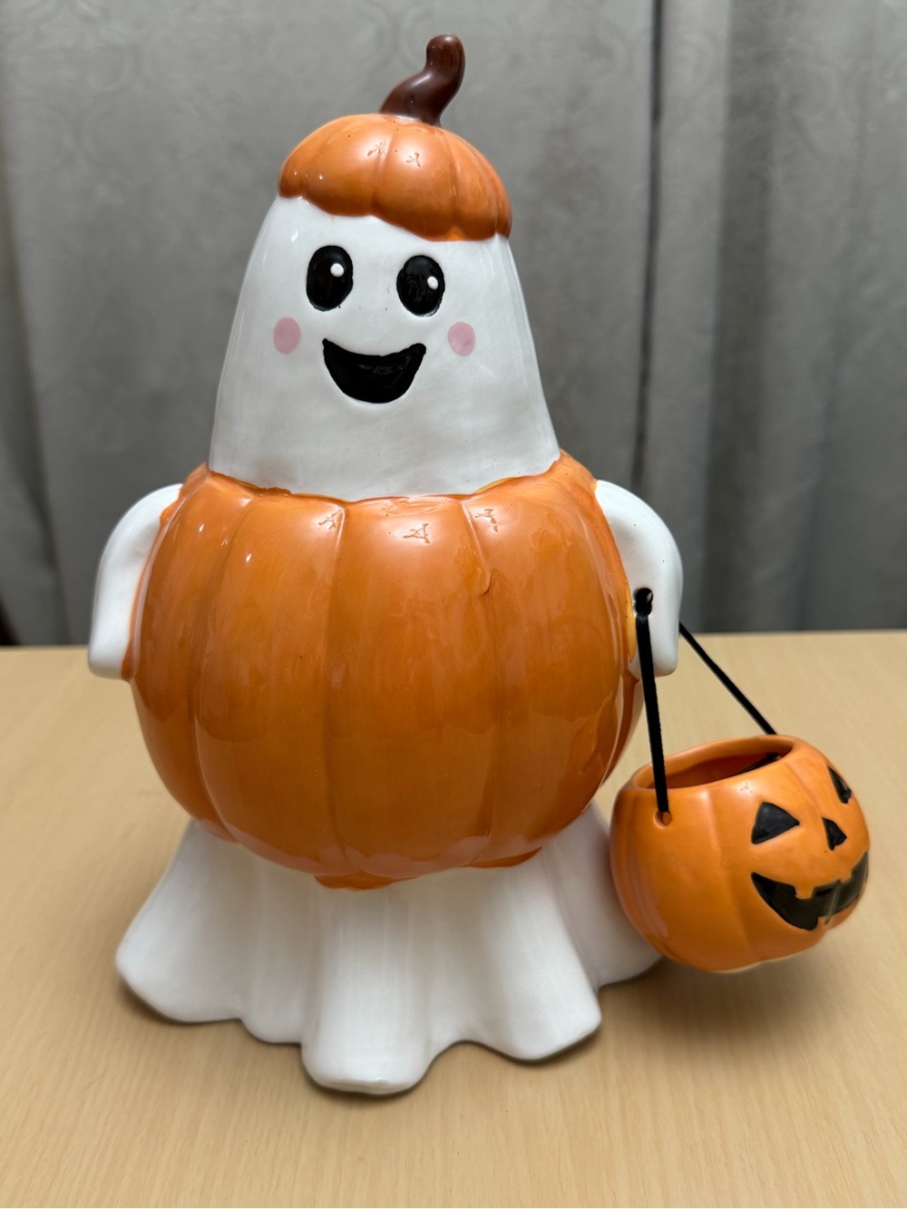 Halloween Pumpkin Ghost Ceramic Figurine - Orange & White